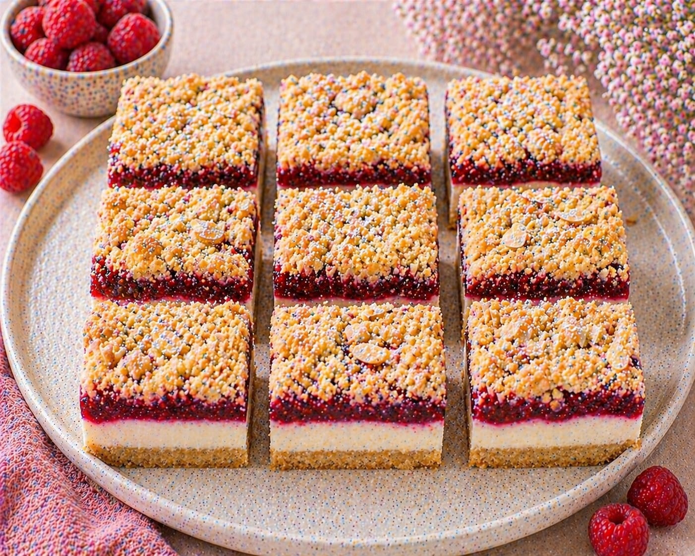 Gekühlte Himbeer-Quark-Schnitten mit goldenem Mandel-Streuselboden, heller Quark-Frischkäse-Creme, kräftiger Himbeerschicht, goldenem Streusel-Crunch, Mandelblättchen und Puderzucker