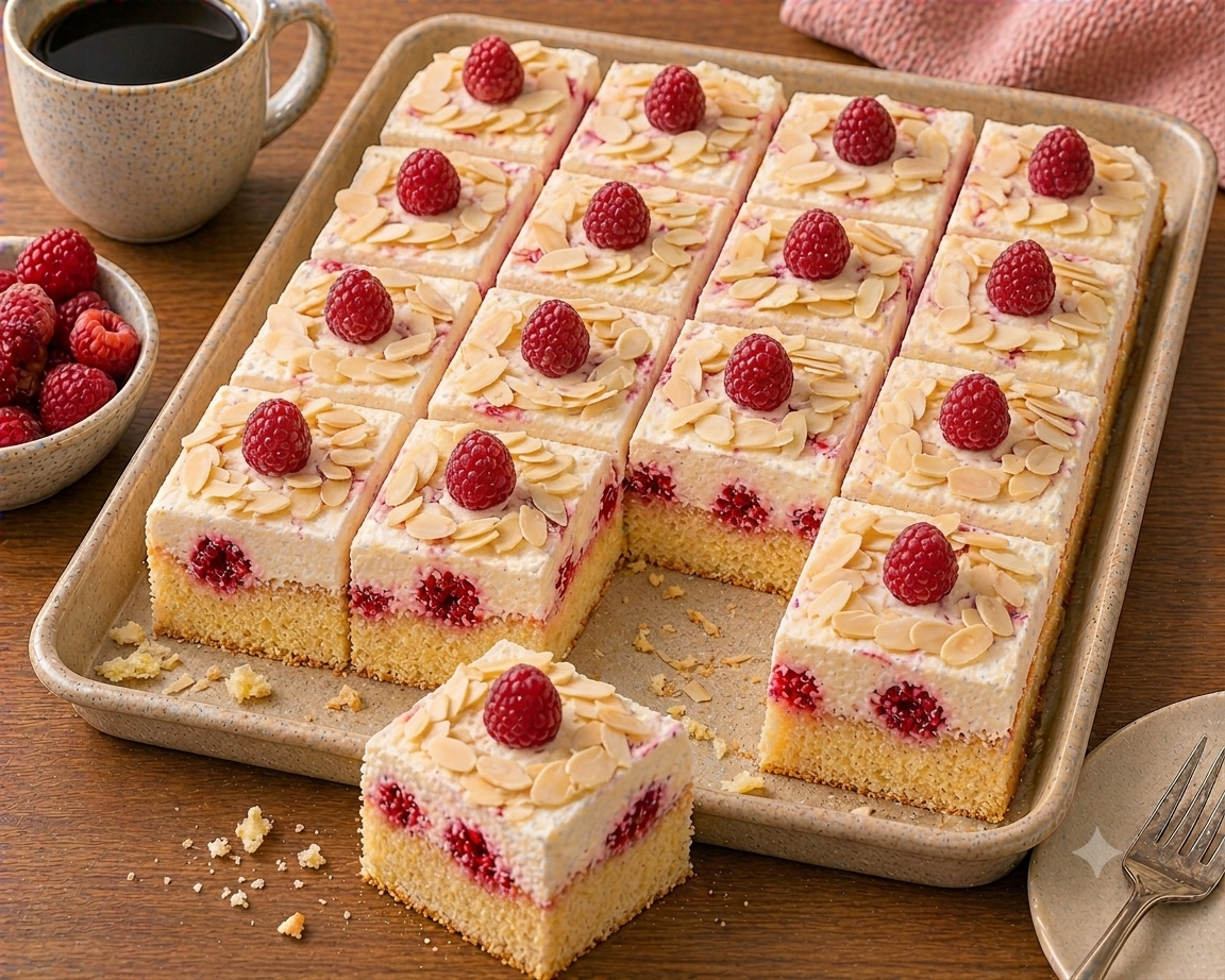 Himbeer-Quark-Schnitten mit flachem, goldgelbem Boden, hoher, heller Quark-Sahne-Creme, Himbeeren und Mandelblättchen