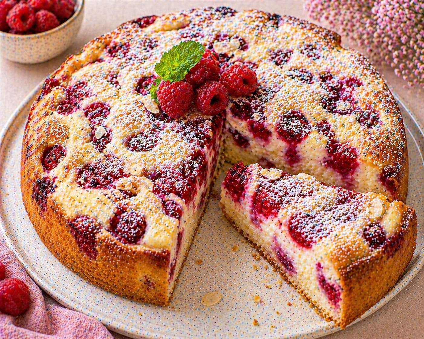 Hoher Himbeer-Quarkkuchen mit Mandelblättchen, Puderzucker, frischen Himbeeren und Minze