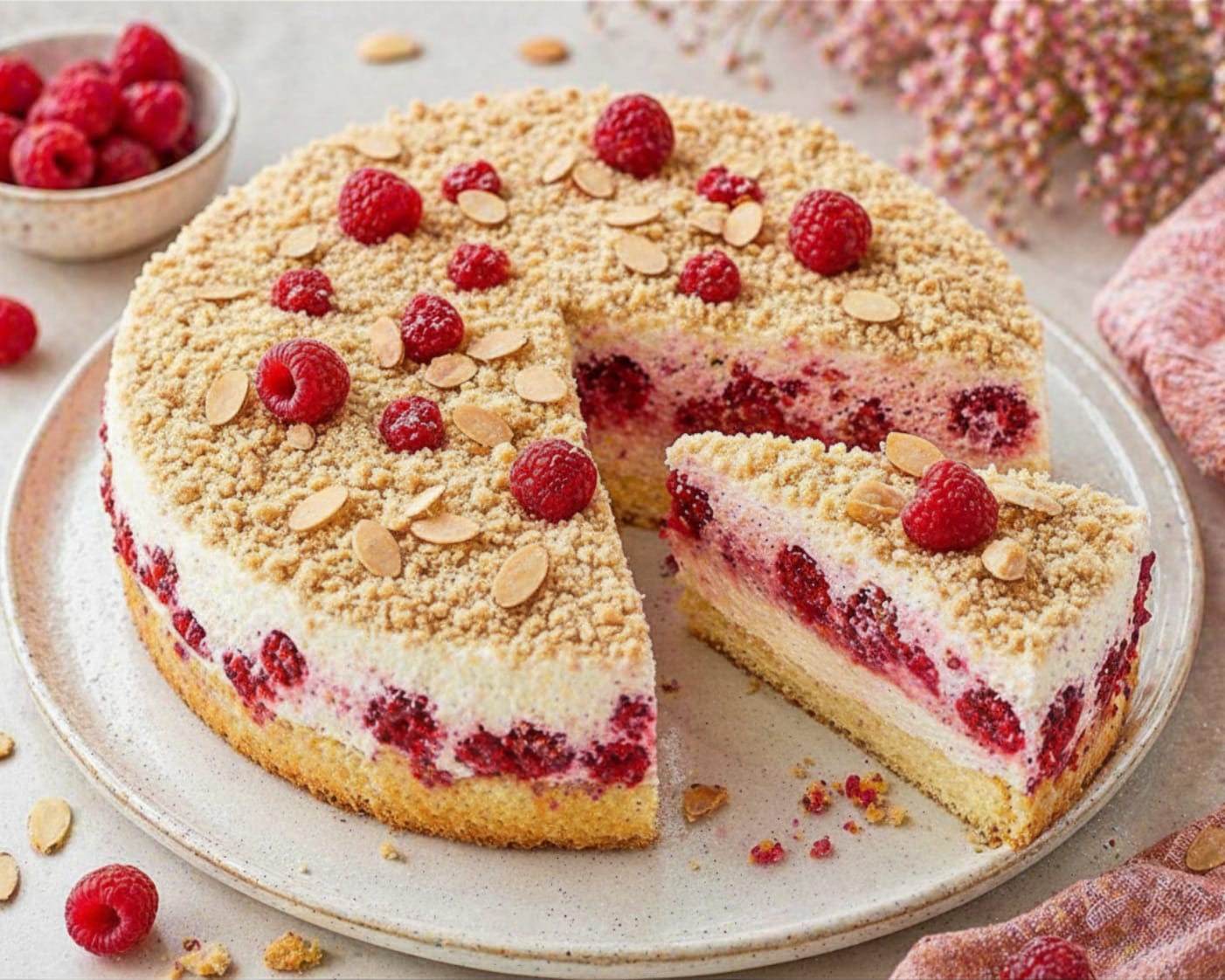 Himbeer-Quarkkuchen mit hellem Boden, hoher Quarkfüllung mit Himbeeren, feinen Streuseln, Mandelblättchen und frischen Himbeeren