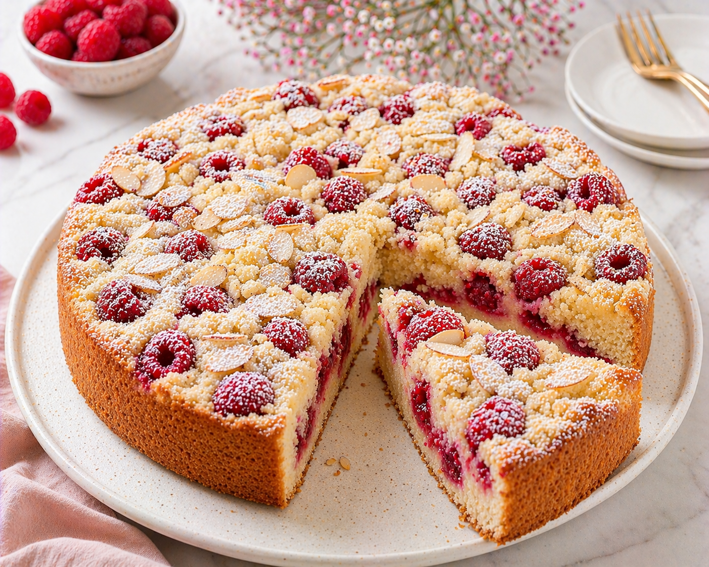 Hoher Himbeer-Streuselkuchen mit ganzen Himbeeren, Mandelstreuseln, Mandelblättchen und Puderzucker