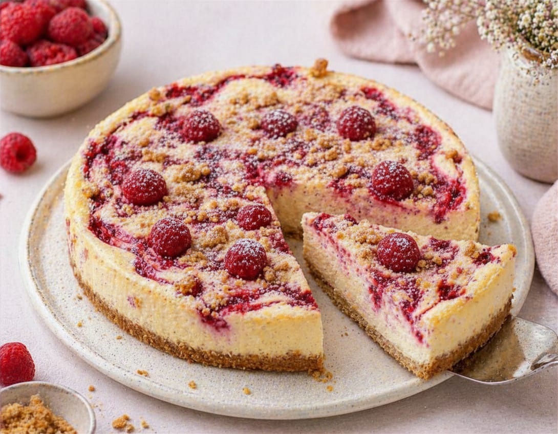 Himbeer-Swirl-Käsekuchen mit hellem Anschnitt, ganzen Himbeeren, feinen Mandelstreuseln und Puderzucker