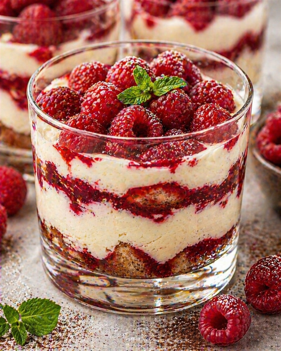 Himbeer-Tiramisu im Glas mit heller Creme, Himbeerkompott, Löffelbiskuits, frischen Himbeeren, Minze und Puderzucker