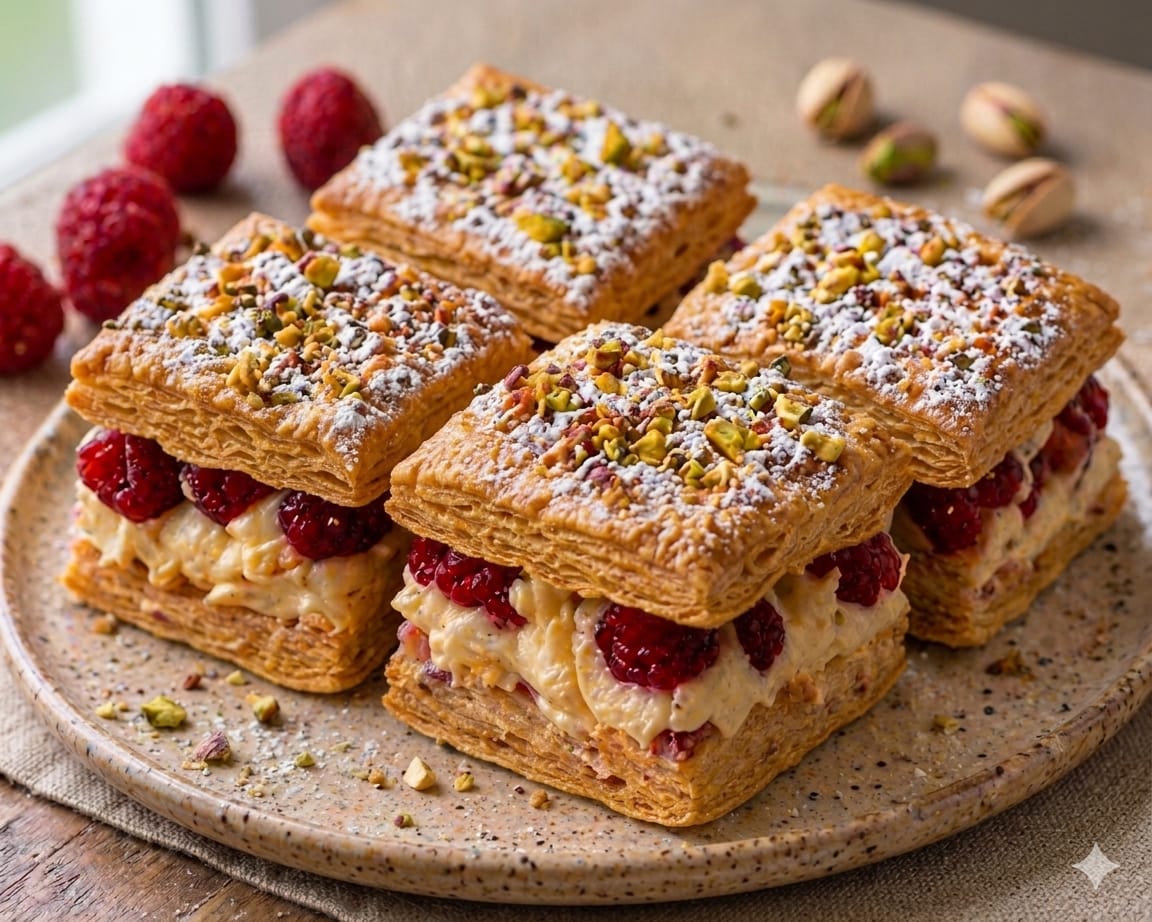 Goldbraune Himbeer-Vanille-Blätterteig-Schnitten mit heller Creme, frischen Himbeeren, Puderzucker und gehackten Pistazien