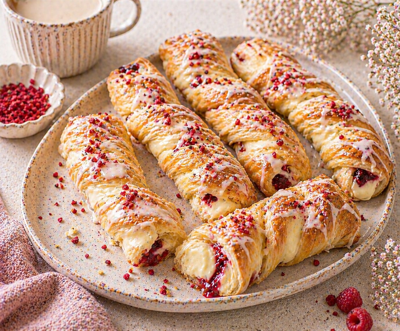 Sechs goldbraune Himbeer-Vanille-Blätterteig-Stangen mit heller Creme, Himbeerfüllung, weißer Glasur und Himbeerbröseln