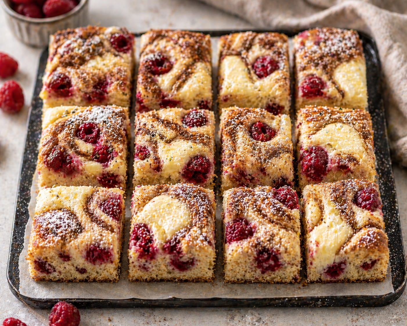 Acht Himbeer-Vanille-Zimt-Swirl-Blechkuchenstücke mit roten Himbeeren, hellen Vanilleflächen, braunen Zimtlinien und Puderzucker auf einem Backblech