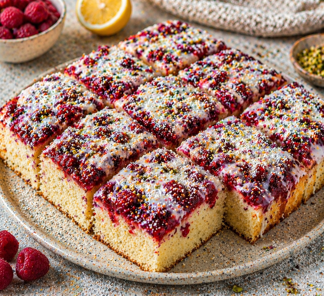 Himbeer-Zitronen-Blechkuchen mit Zitronenglasur, Himbeeren, Pistazien und Puderzucker