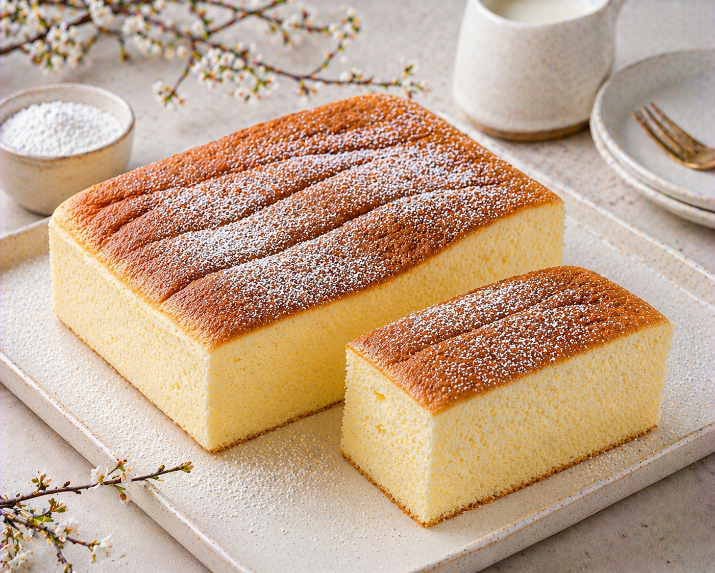 Hoher rechteckiger japanischer Soufflé-Käsekuchen mit goldbrauner Oberfläche, heller Krume und einem großen abgetrennten Stück auf einer Keramikplatte