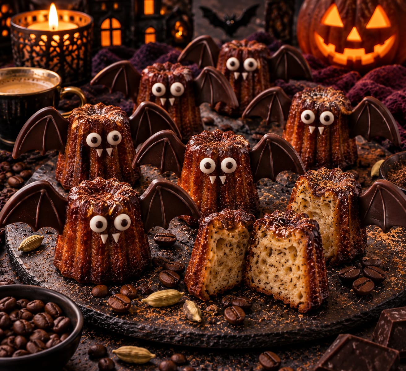 Kaffee-Kardamom-Fledermaus-Cannelés mit tief mahagonibrauner geriffelter Kruste, hellem feucht-porigem Anschnitt, großen dunklen Schokoladenflügeln, plastischen weißen Augen und kleinen Fangzähnen