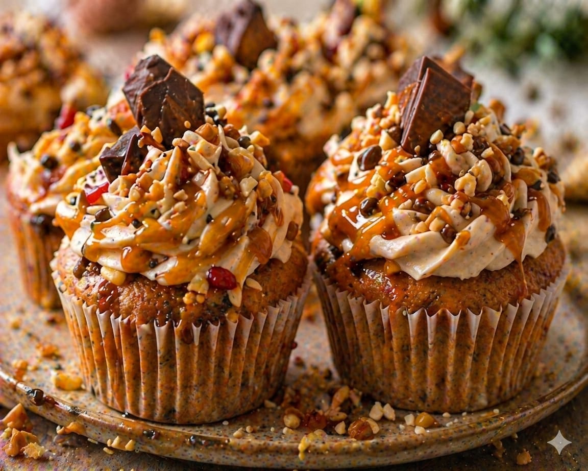 Goldbraune Karamell-Cupcakes mit hohem karamellfarbenem Frosting, glänzendem Karamell-Drip, karamellisiertem Kern-Crunch und Schokoladenstücken