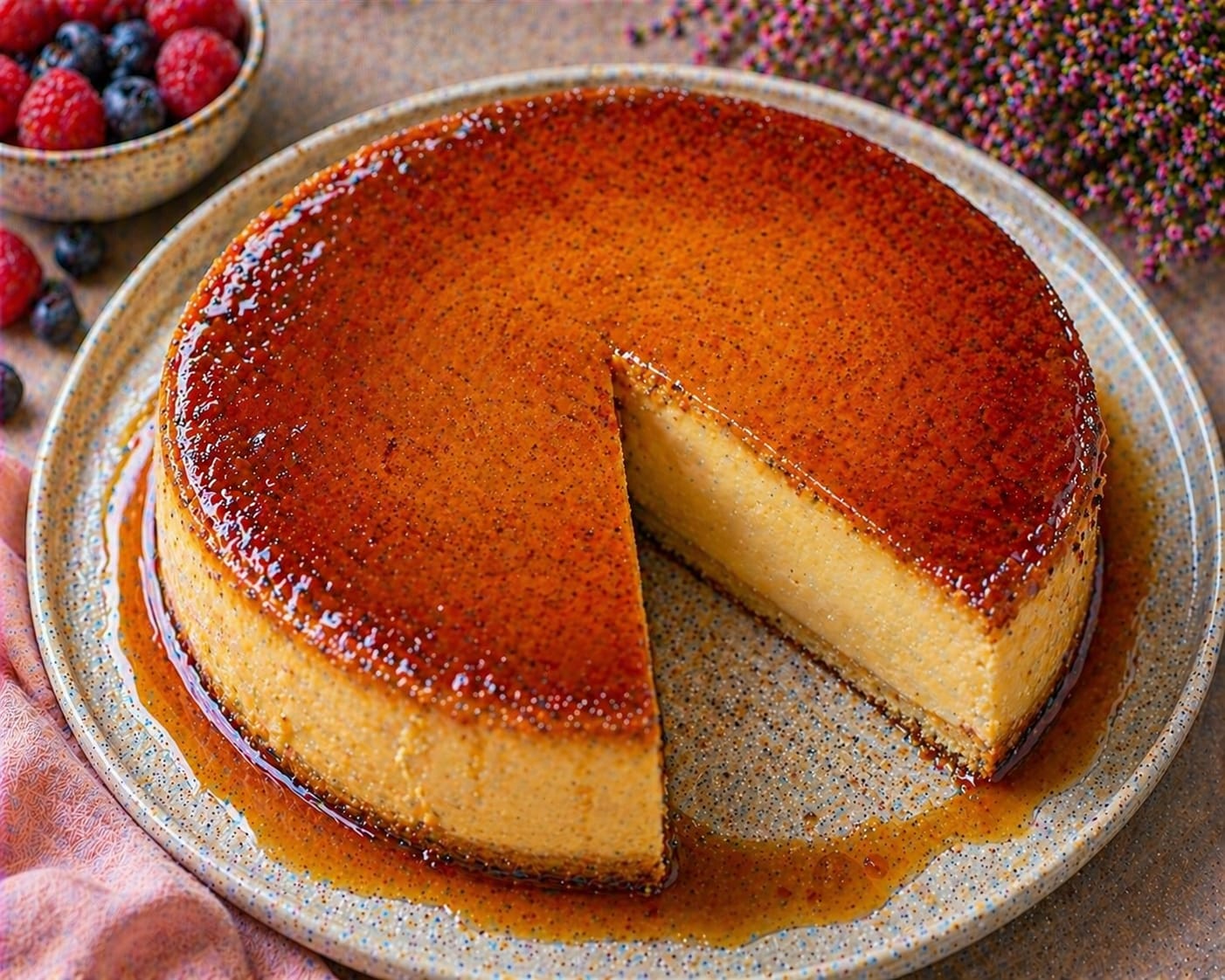 Runder Karamell-Flan-Cheesecake mit glänzendem bernsteinfarbenem Karamellspiegel, hoher karamellfarbener Cremeschicht und dünnem Boden, aus dem ein Stück herausgeschnitten ist