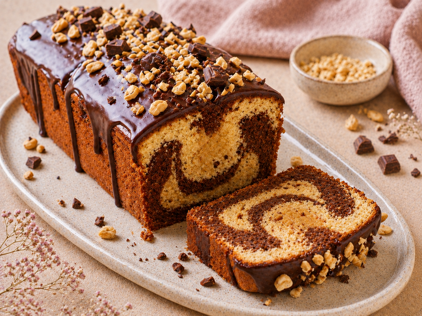 Hoher Karamell-Marmorkuchen aus der Kastenform mit heller Vanillekrume, dunkler Kakao-Marmorierung, goldbrauner Karamellcreme, glänzender Schokoglasur, Haselnüssen und Schokostückchen