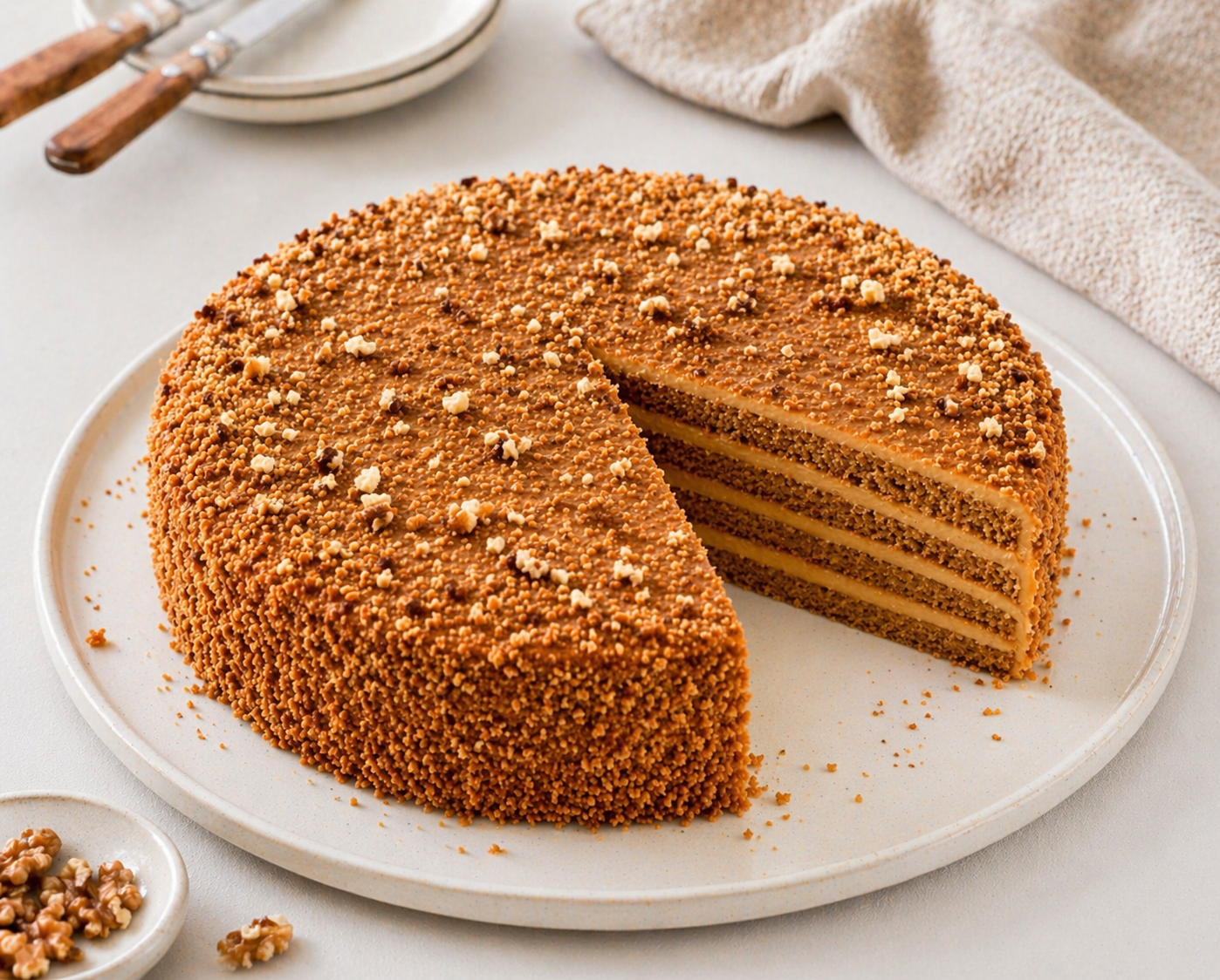 Runde Karamell-Nuss-Krokant-Torte mit vier dünnen honigbraunen Böden, drei karamellfarbenen Cremeschichten, feinem Nuss-Krümelmantel und kleinen hellen Nussstückchen
