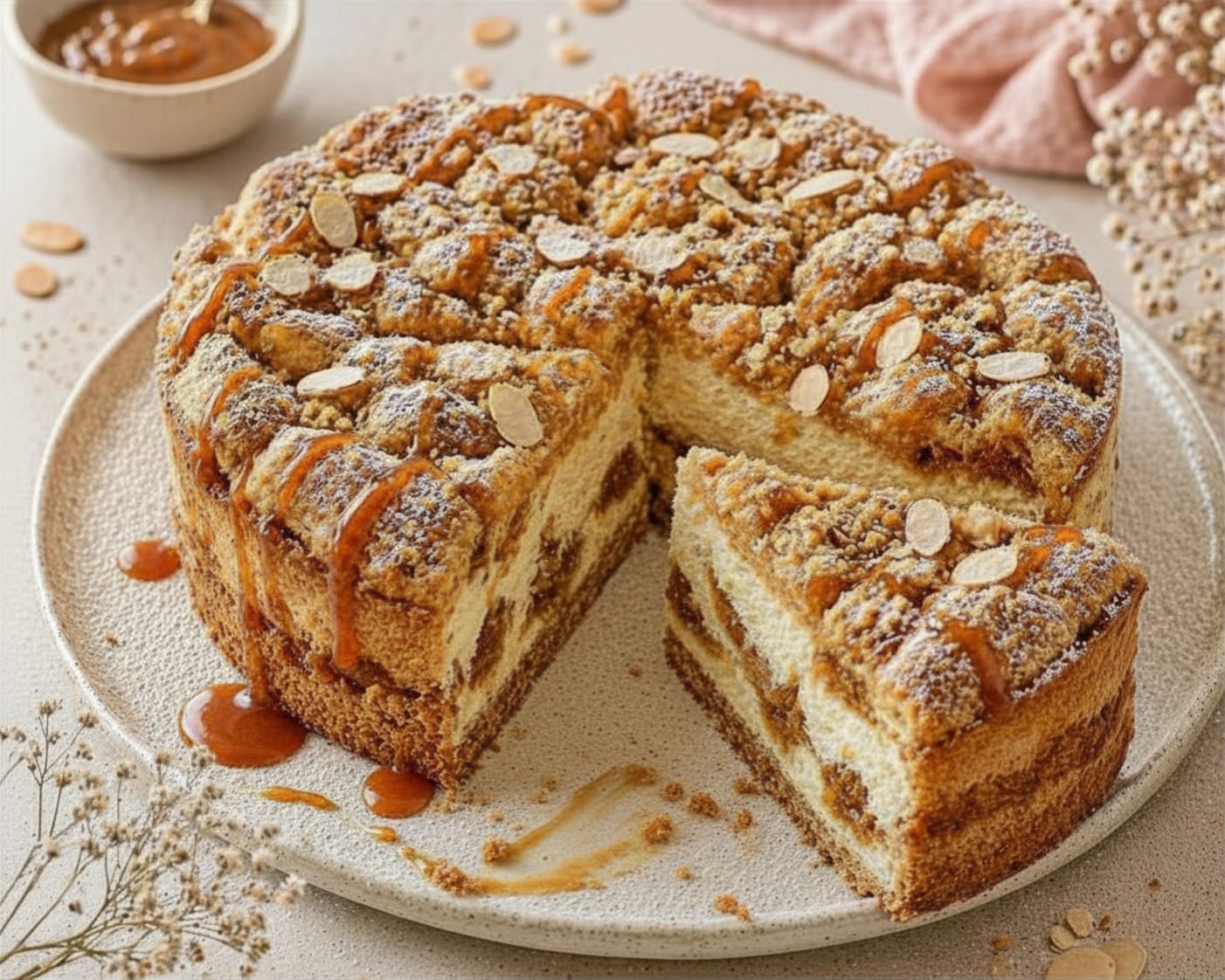 Hoher Karamell-Quark-Streuselkuchen mit heller Quarkfüllung, kräftigen Karamelladern, Mandelstreuseln, Mandelblättchen und Karamell-Drizzle