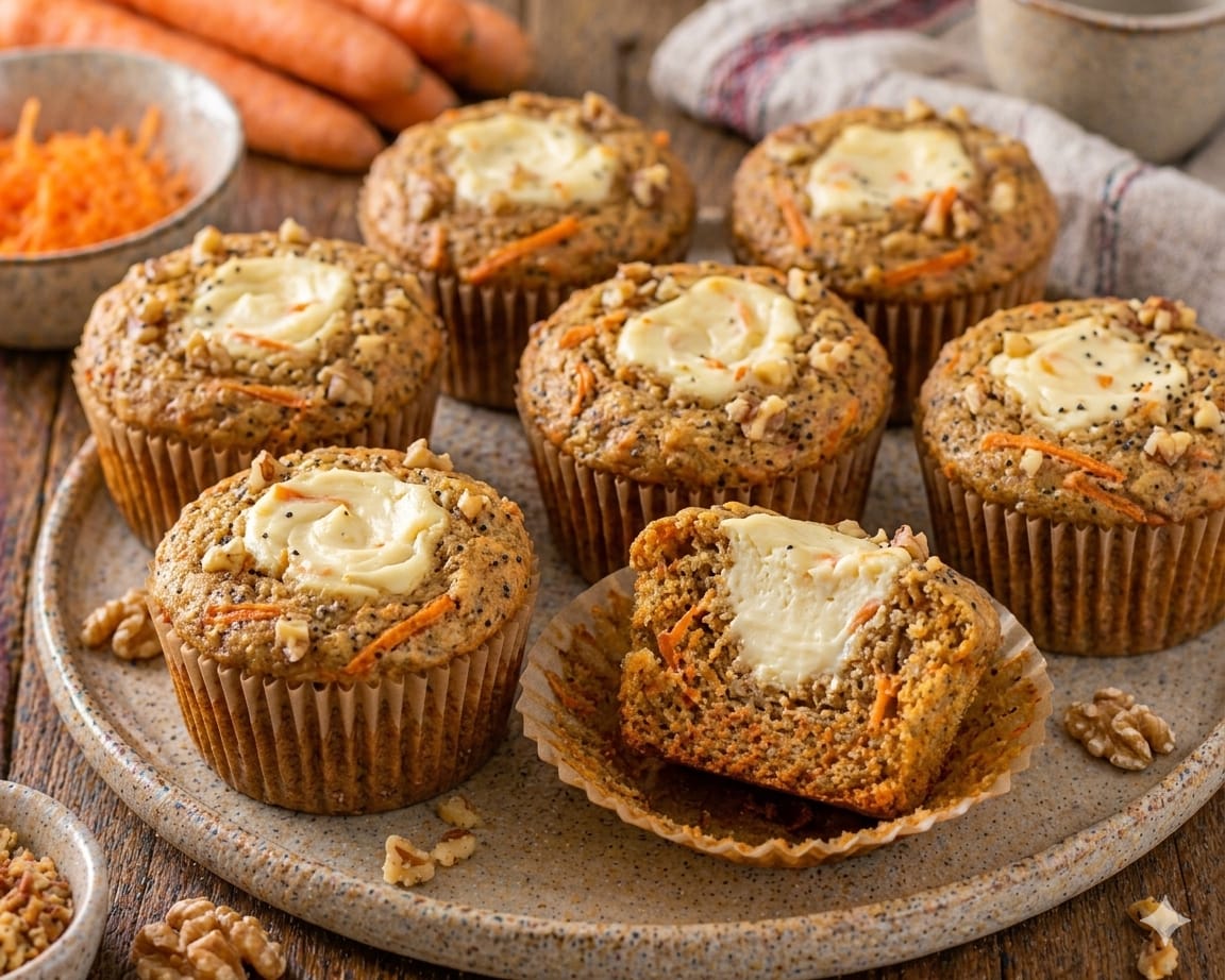 Karotten-Cheesecake-Muffins mit cremigem Frischkäsekern, sichtbaren Karottenraspeln, Mohn und Walnüssen