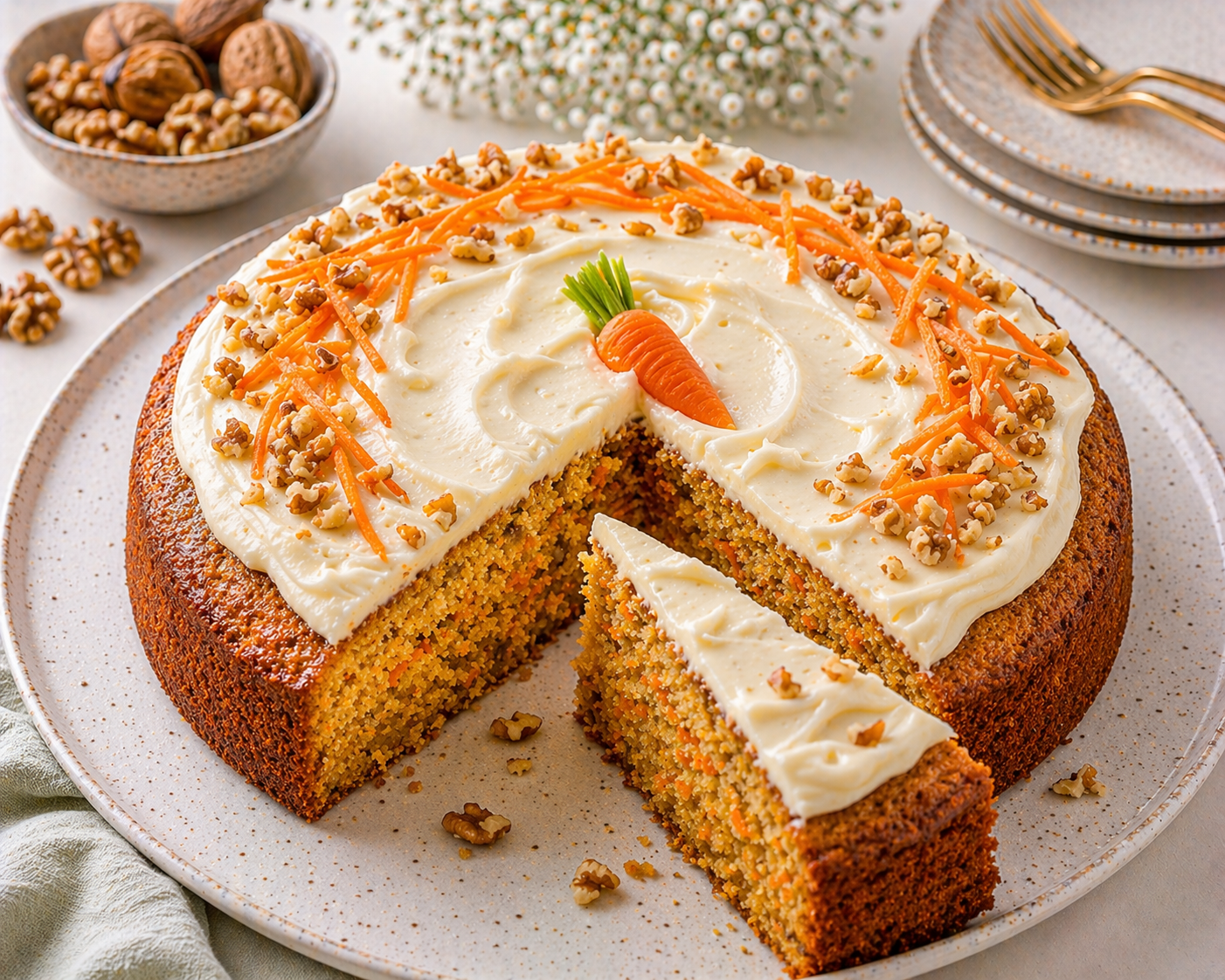 Saftiger Karottenkuchen mit hellem Frischkäse-Frosting, Walnüssen, Karottenstreifen und einer Deko-Karotte