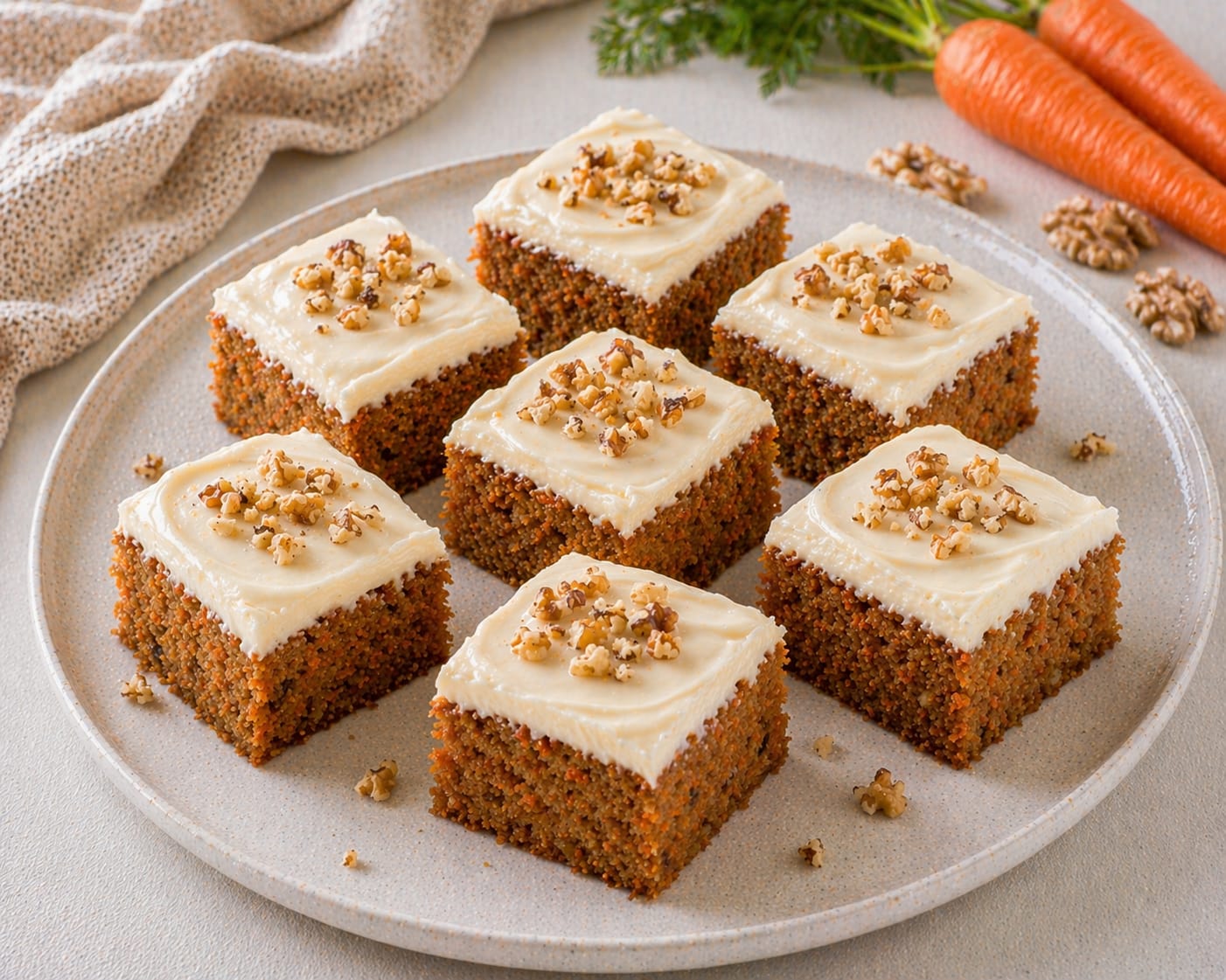 Quadratische Karottenkuchen-Schnitten mit hellem Frischkäse-Frosting und gehackten Walnüssen