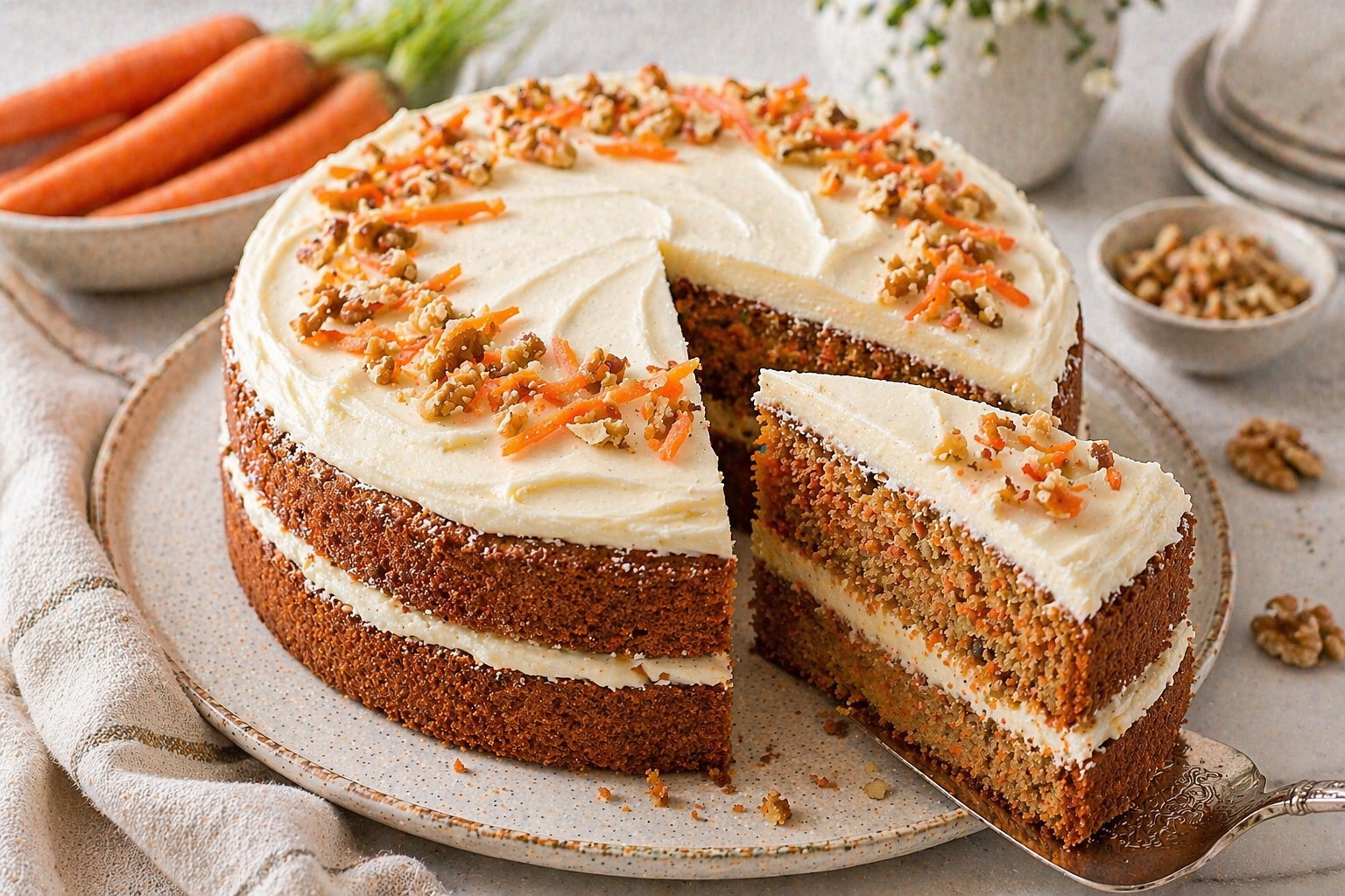 Karottenkuchen-Torte aus zwei Böden mit heller Frischkäse-Füllung, Frosting, Walnüssen und feinen Karottenstreifen