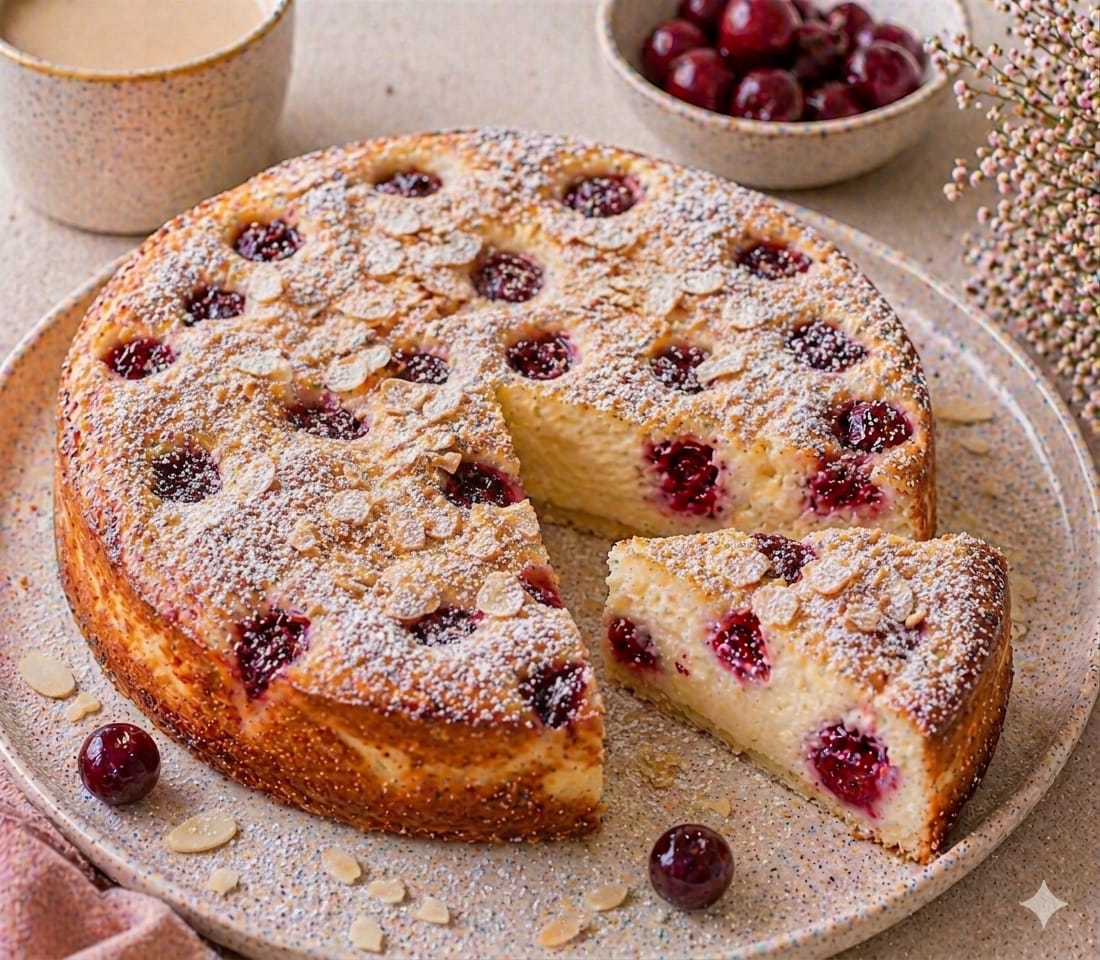 Kirsch-Quarkkuchen ohne Boden mit Sauerkirschen, Mandelblättchen und Puderzucker