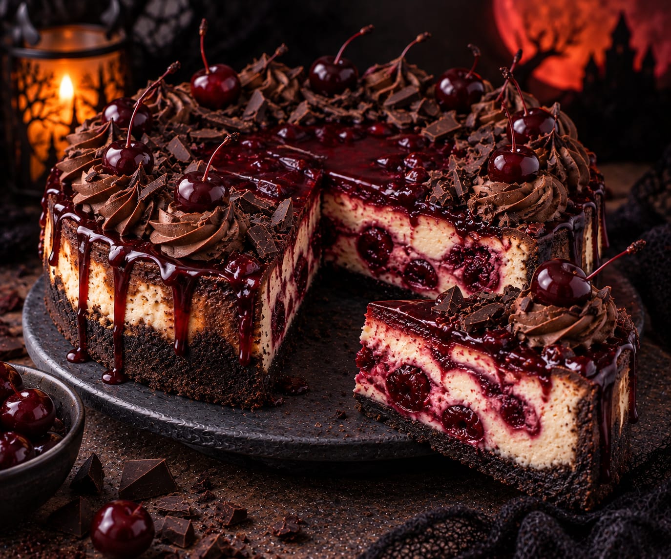 Runder Kirsch-Schoko-Cheesecake mit dunklem gebackenem Boden, hoher heller Kirsch-Cheesecakefüllung, roter Kirschoberfläche, dunklen Schokotupfen, Kirschen mit Stiel, groben Schokoladenstücken und feinen Schokoraspeln