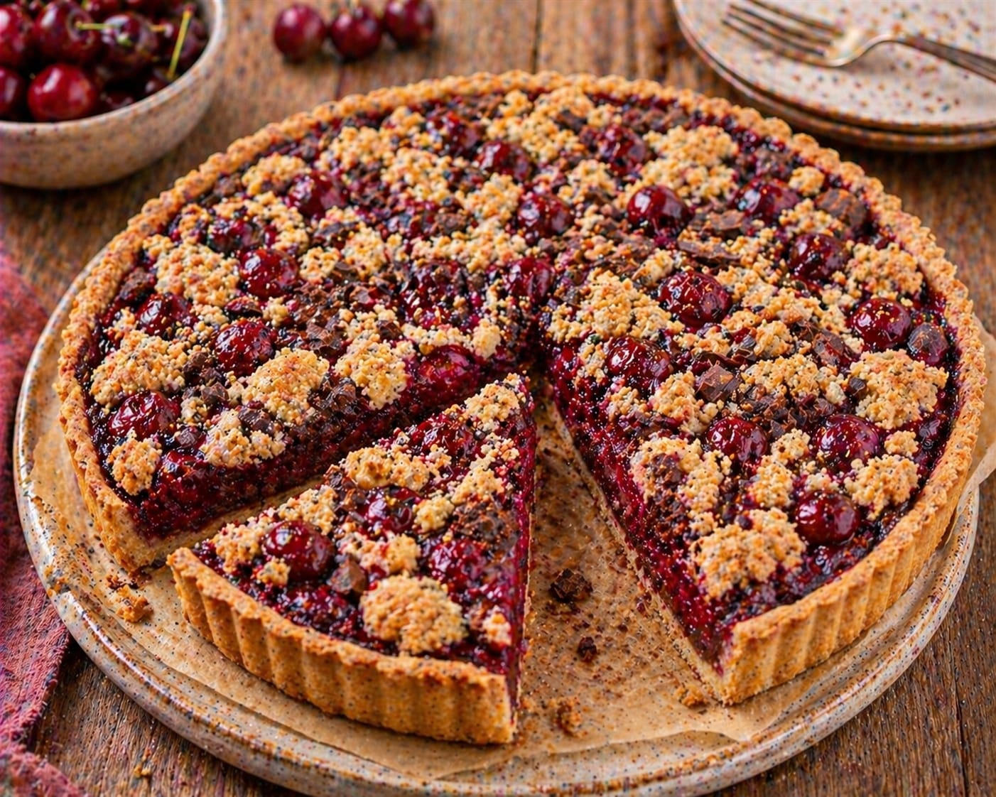 Kirsch-Schoko-Streusel-Tarte mit geriffeltem Mürbeteigrand, dunkelroter Kirschfüllung und locker verteilten goldenen Streuseln