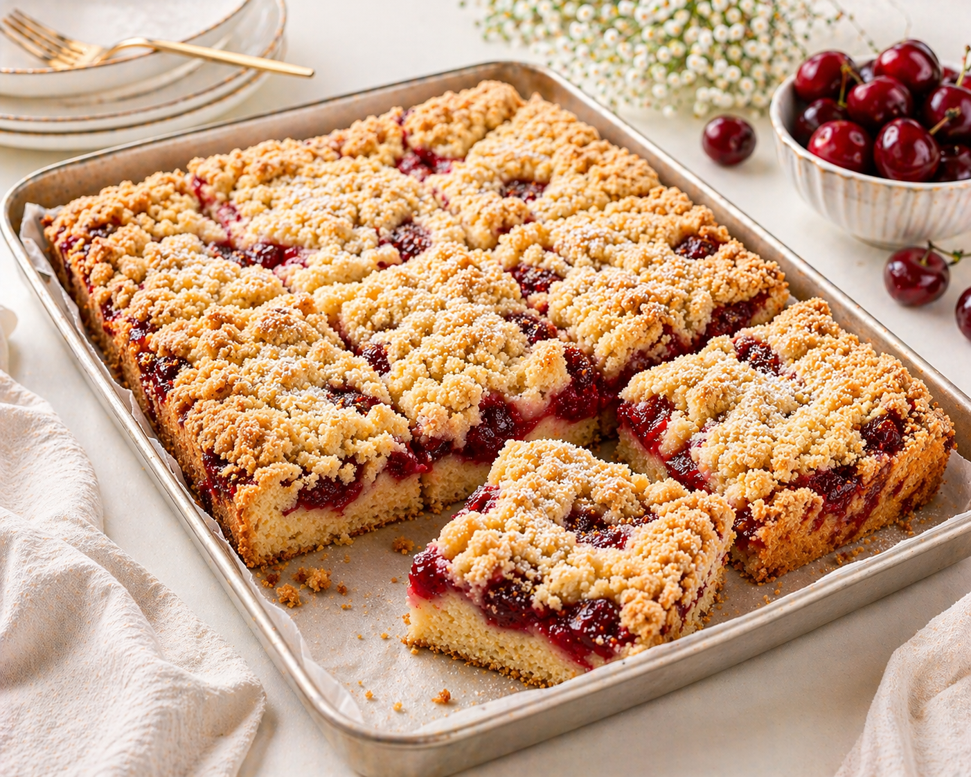 Kirsch-Streuselkuchen vom Blech mit hellem Hefeteigboden, roter Kirschfüllung, groben goldenen Butterstreuseln und Puderzucker
