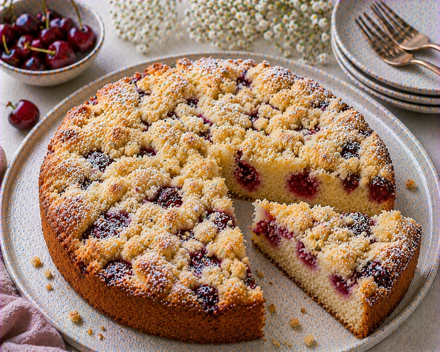 Runder Kirsch-Streuselkuchen mit hellem Anschnitt, roten Kirschen, goldenen Butterstreuseln und Puderzucker