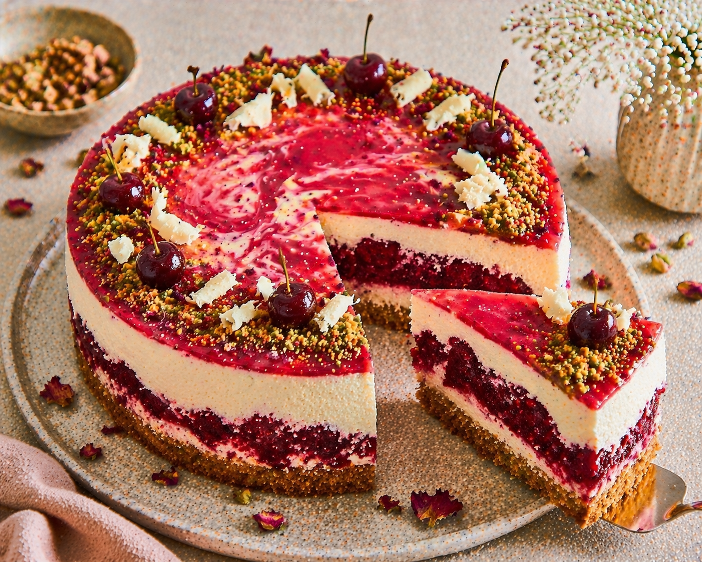 Kirsch-Vanille-Swirl-Cheesecake-Torte mit Pistazien-Rührteigboden, kräftiger Kirschschicht, hoher Vanillecreme, rotem Swirl, Pistazien, Kirschen und groben weißen Schokospänen