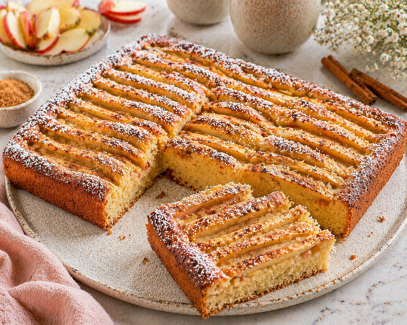 Rechteckiger Apfelkuchen mit hellem feinporigem Boden, rotbackigen Apfelspalten, goldbraunem Rand, Zimt-Zucker und feinem Puderzucker