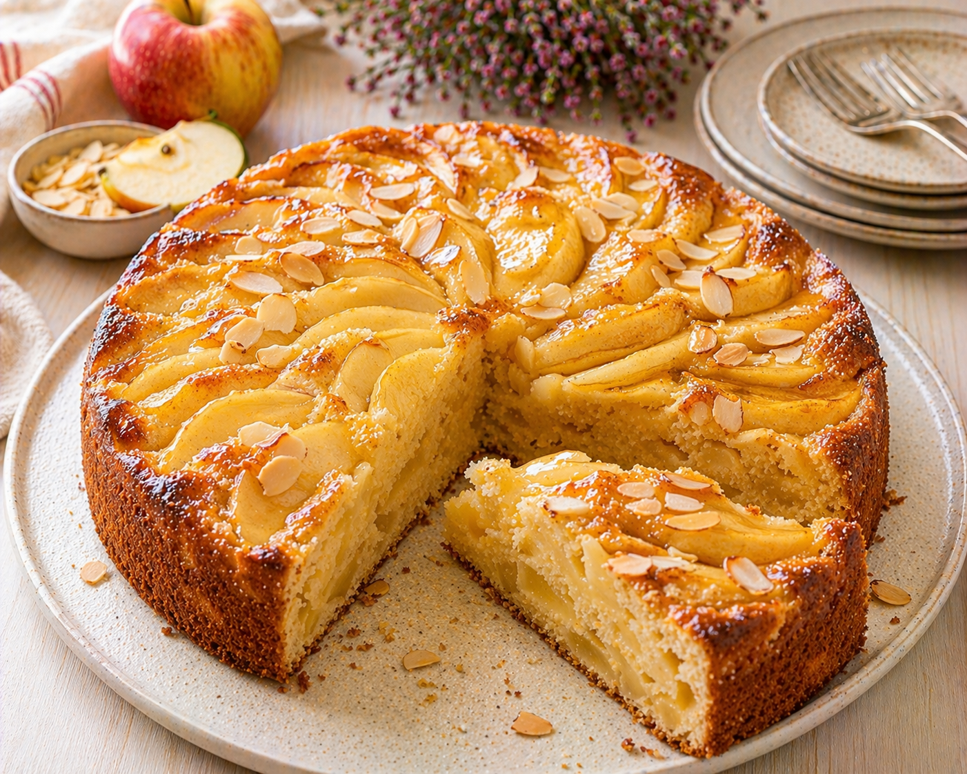 Runder Apfelkuchen mit saftiger heller Krume, Apfelstücken, dicht gelegten Apfelspalten, Mandelblättchen und glänzend goldbrauner Oberfläche
