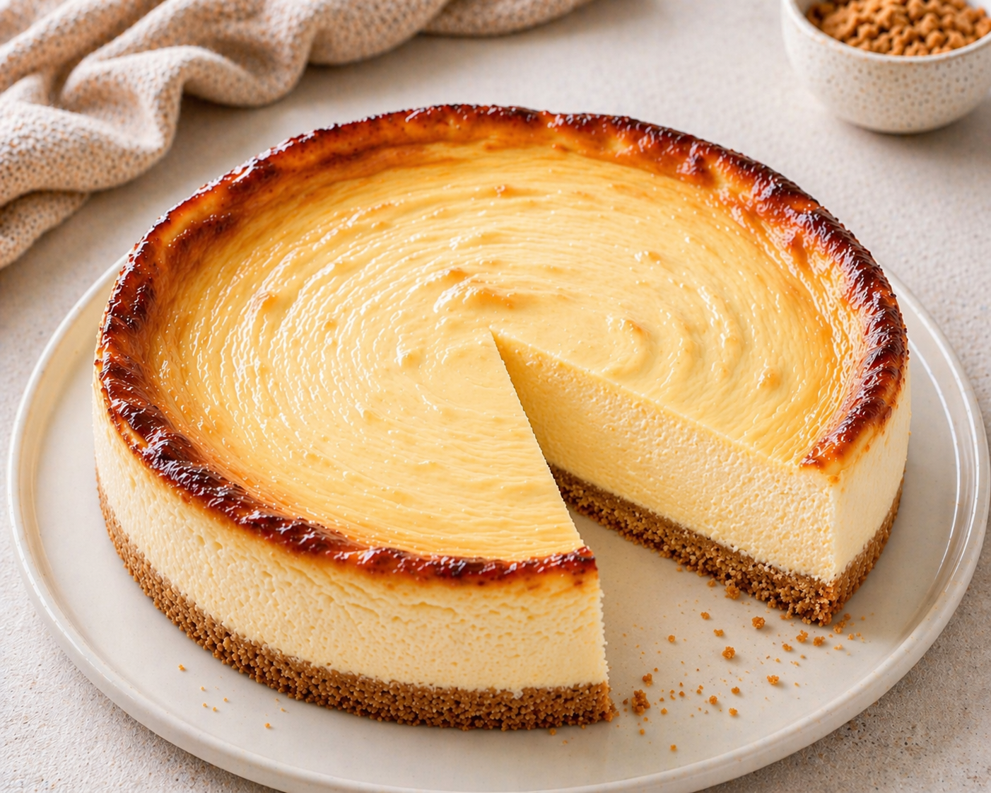 Hoher klassischer Käsekuchen mit dünnem Keksbröselboden, heller cremiger Quarkfüllung und kräftig dunkelgoldenem Backrand