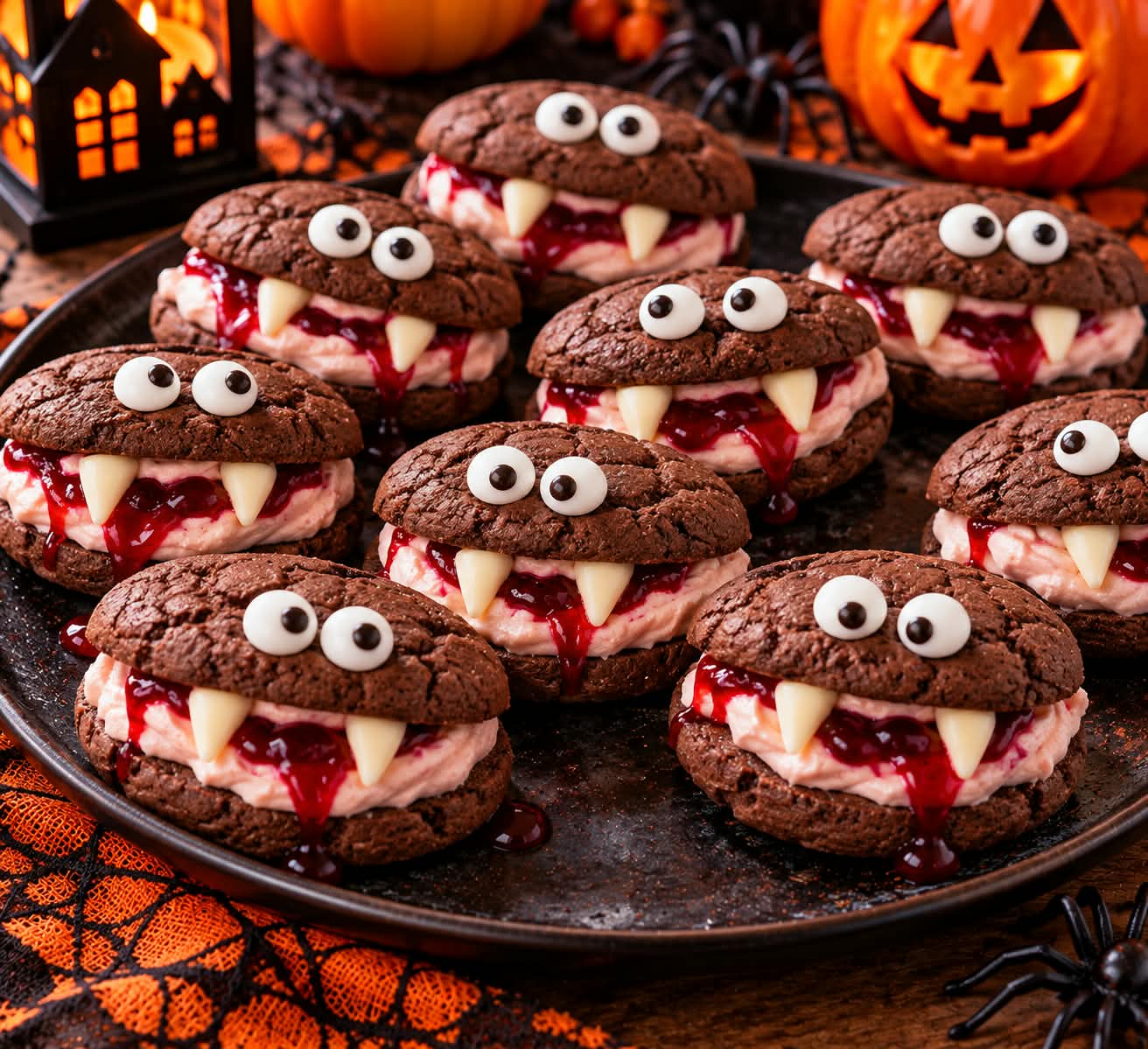 Dicke Kakao-Sandwich-Cookies mit unregelmäßig aufgerissener Oberfläche, üppiger hellrosa Kirsch-Vanille-Creme, dunkelroter Kirschkonfitüre, zwei dreieckigen weißen Vampirzähnen und großen weißen Augen mit dunklen Pupillen