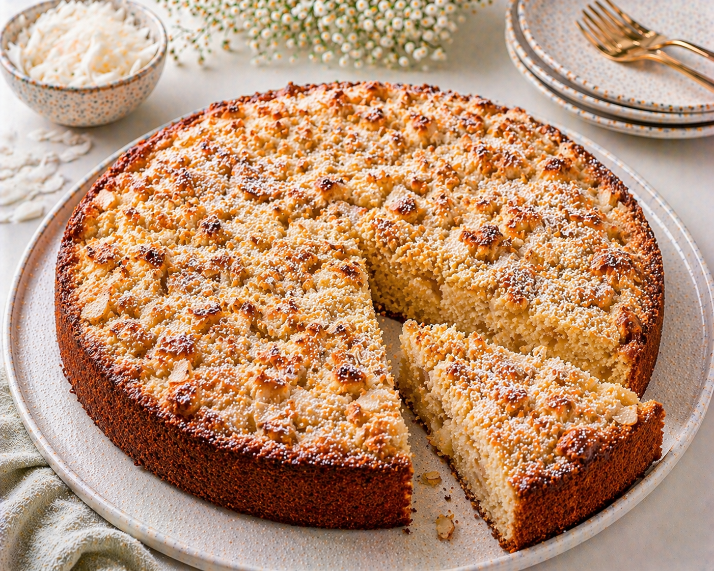 Runder Kokos-Streuselkuchen mit goldbraunem Rand, unregelmäßigen Kokosstreuseln und angeschnittenem Stück