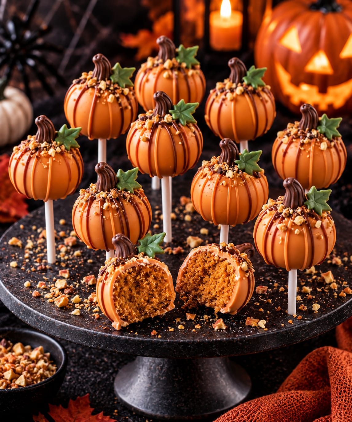Orange Kürbis-Cake-Pops auf weißen Stielen mit dunklen Schokorillen, gebogenen Schokostielen, grünen Blättern und Nuss-Crunch