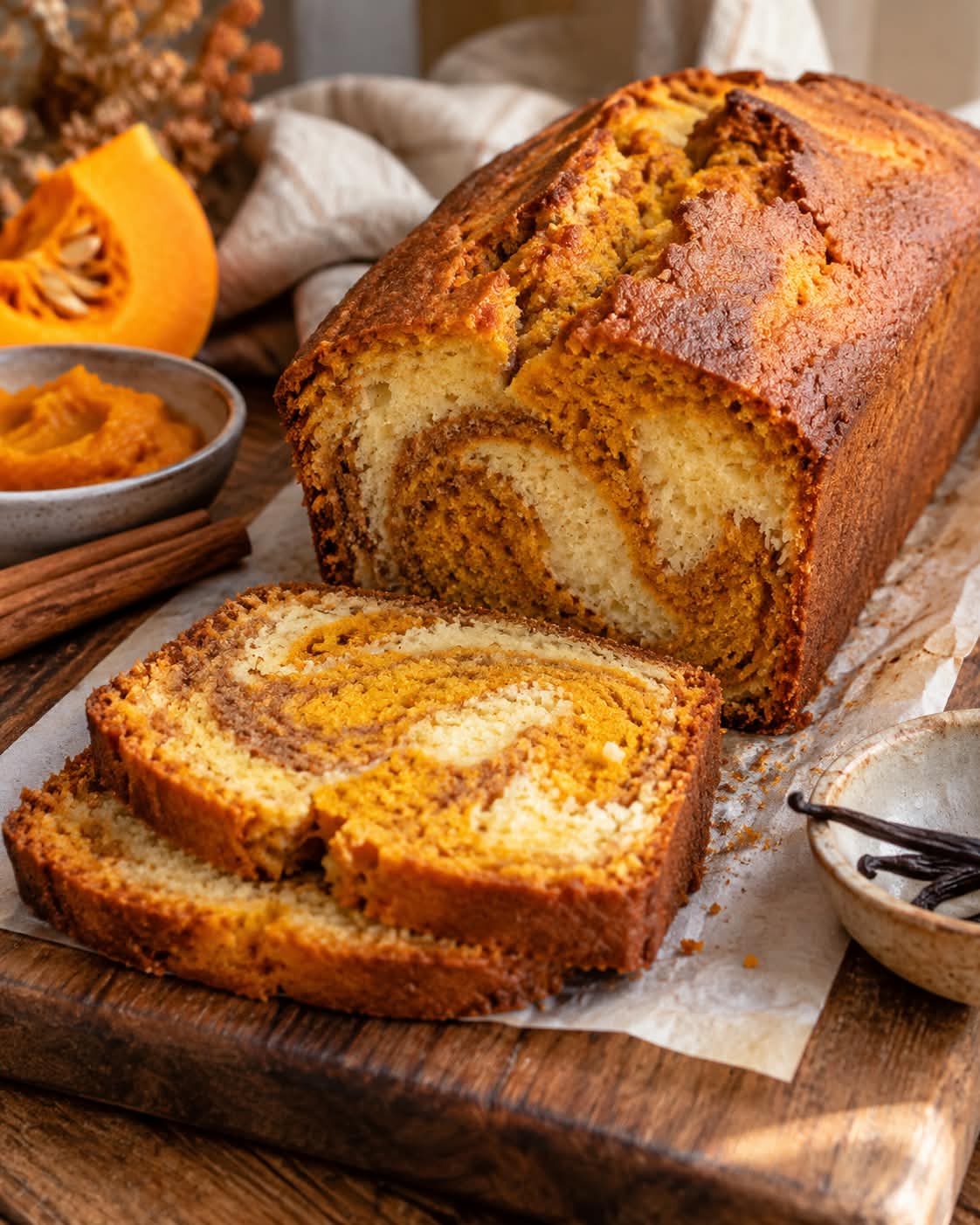Goldbrauner, rustikal aufgerissener Kürbis-Vanille-Marmorkuchen mit orangefarbener Kürbiskrume, hellem Vanilleteig und zimtbraunen Adern, angeschnitten auf einem Holzbrett