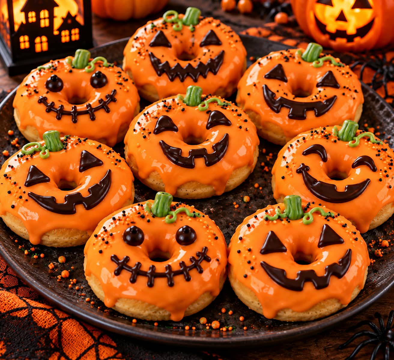 Acht orange glasierte Donuts mit unterschiedlichen Schokoladengesichtern, schwarzen Streuseln und grünen Kürbisstielen auf einer Halloween-Platte