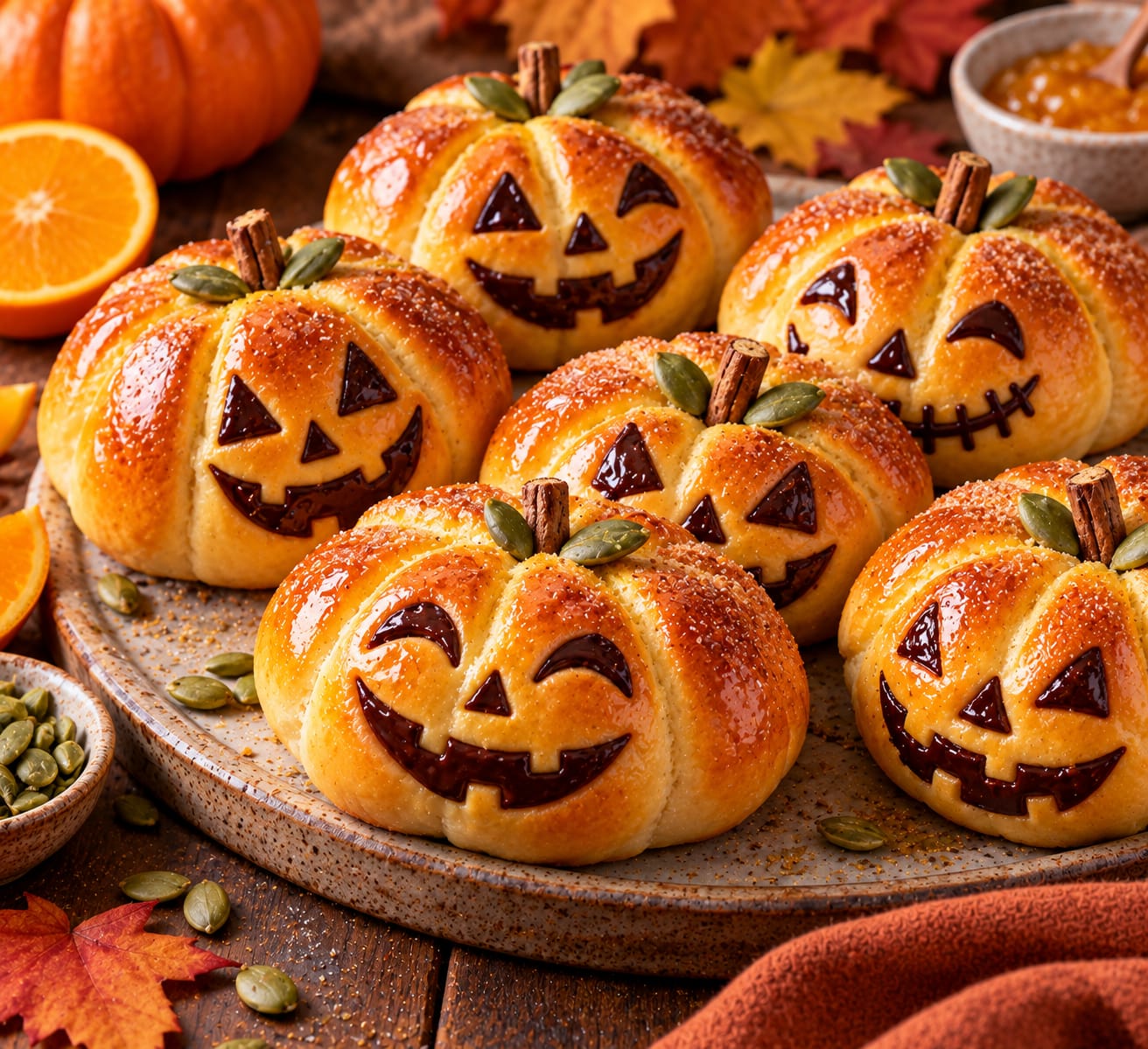 Sechs weiche goldorange gebackene Kürbis-Milchbrötchen mit glänzenden Kürbisrippen, feinen Oberflächensprenkeln und unterschiedlichen freundlichen Halloween-Gesichtern aus dunkler Schokolade. Zimtstangenstücke und grüne Kürbiskerne bilden kleine Stiele und Blätter.