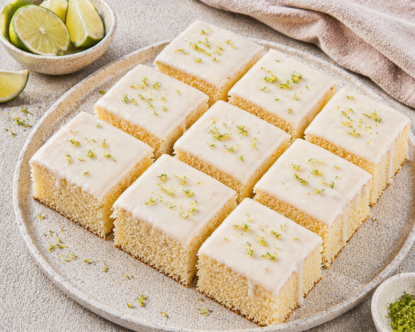 Helle Limetten-Blechkuchen-Schnitten mit weißer Glasur und feinem grünen Limettenabrieb