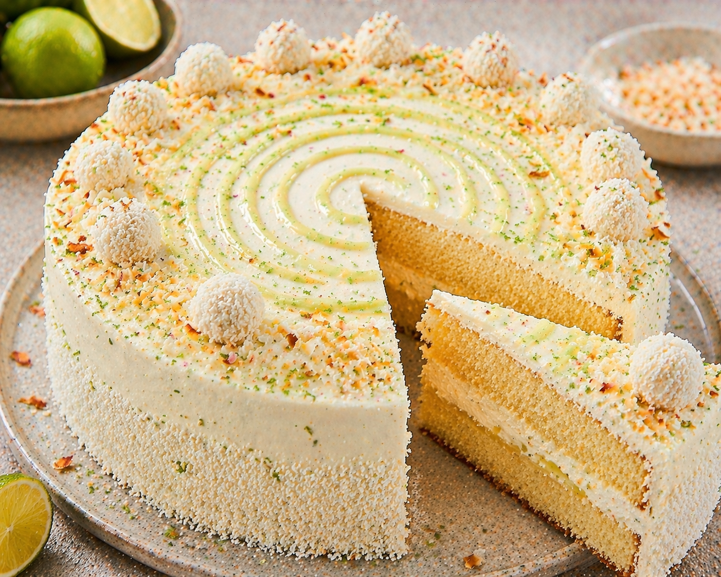 Limetten-Kokos-Schichttorte mit zwei hellen Böden, Cremefüllung, dünner Limettenschicht, Kokosrand und Limettenspirale