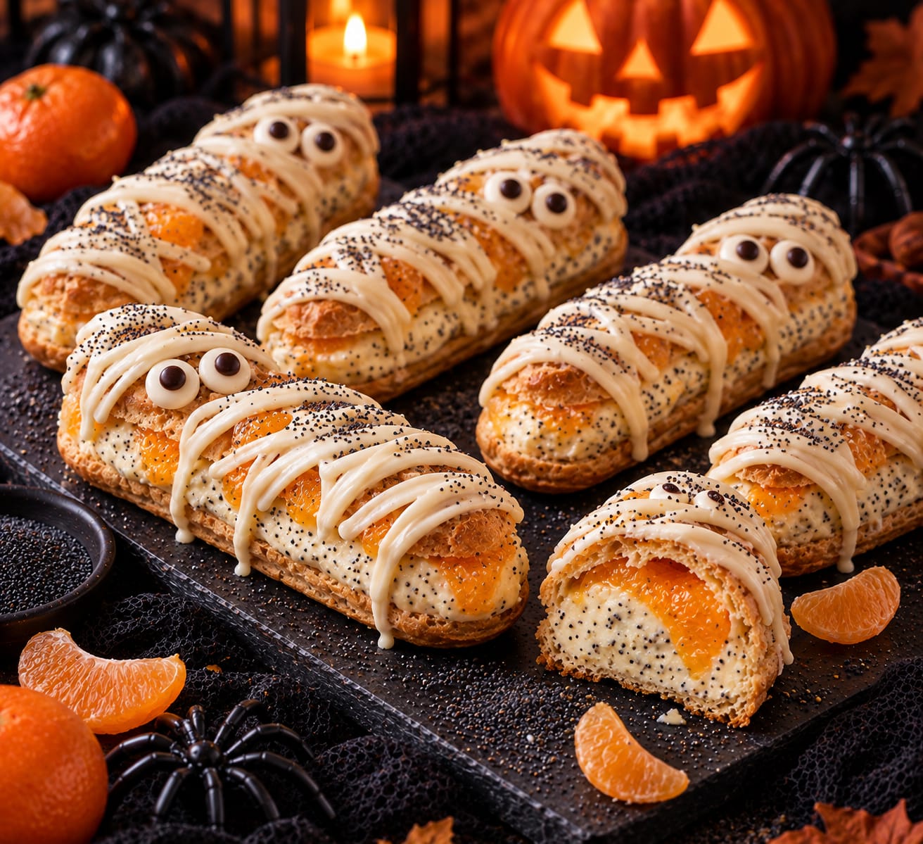 Mandarinen-Mohn-Mumien-Éclairs mit Vanille-Mohn-Creme, großen sichtbaren Mandarinenfilets, weißen Schokoladenbändern und gewölbten Schokoladenaugen