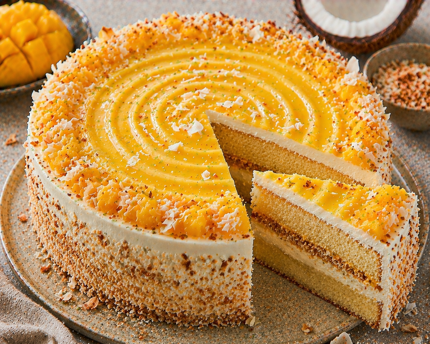 Mango-Kokos-Schichttorte mit zwei hellen Kokosböden, weißer Kokoscreme, goldenem Kokos-Crunch, Mango-Spirale und weißen Kokosflocken