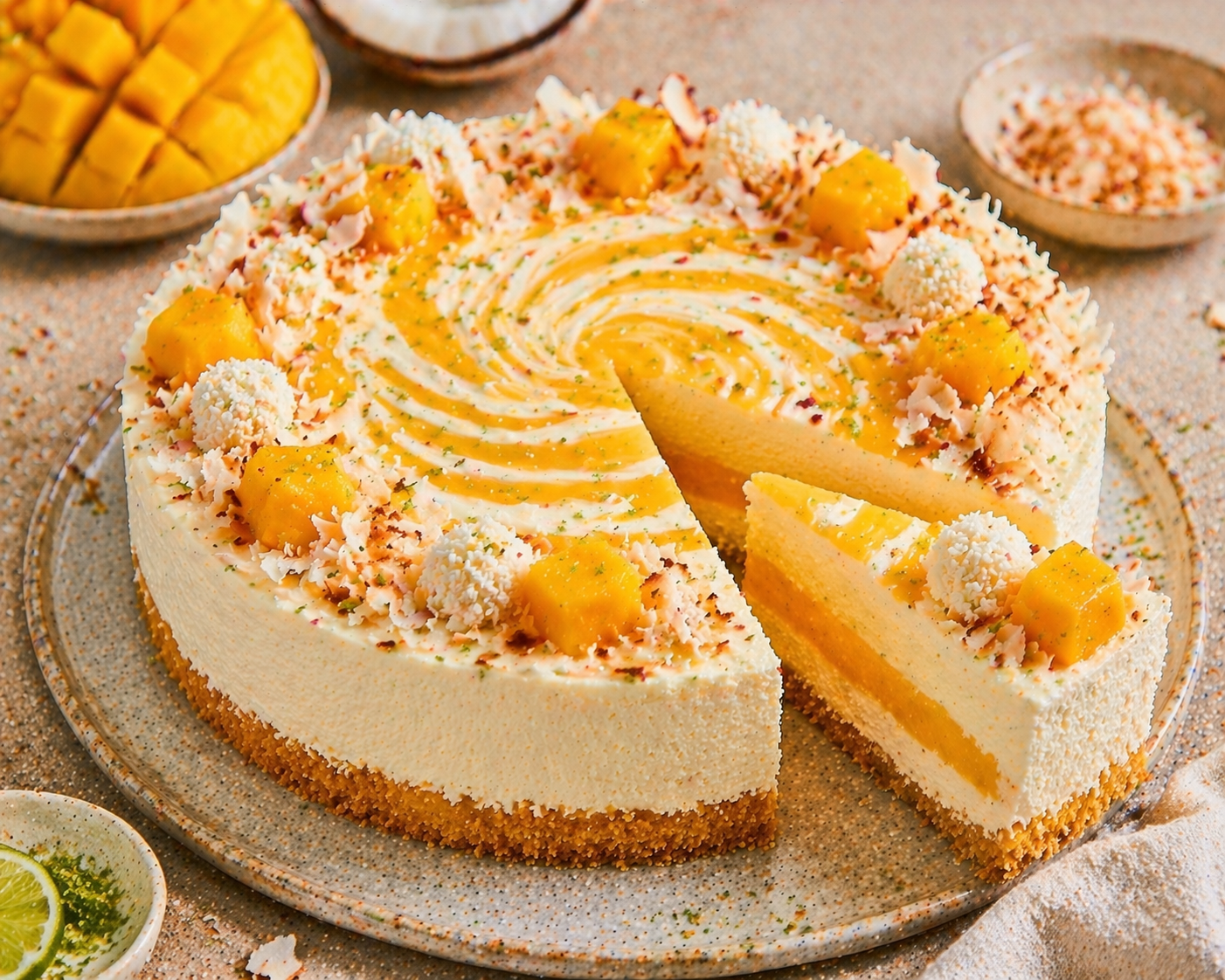 Angeschnittene Mango-Kokos-Swirl-Torte mit heller Kokoscreme und Mango-Einlage