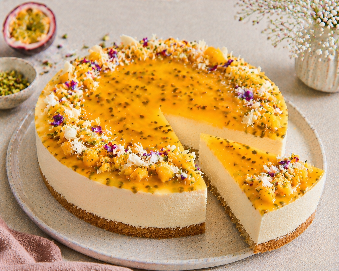 Angeschnittener Mango-Maracuja-Cheesecake mit heller Creme und glänzendem Fruchtspiegel