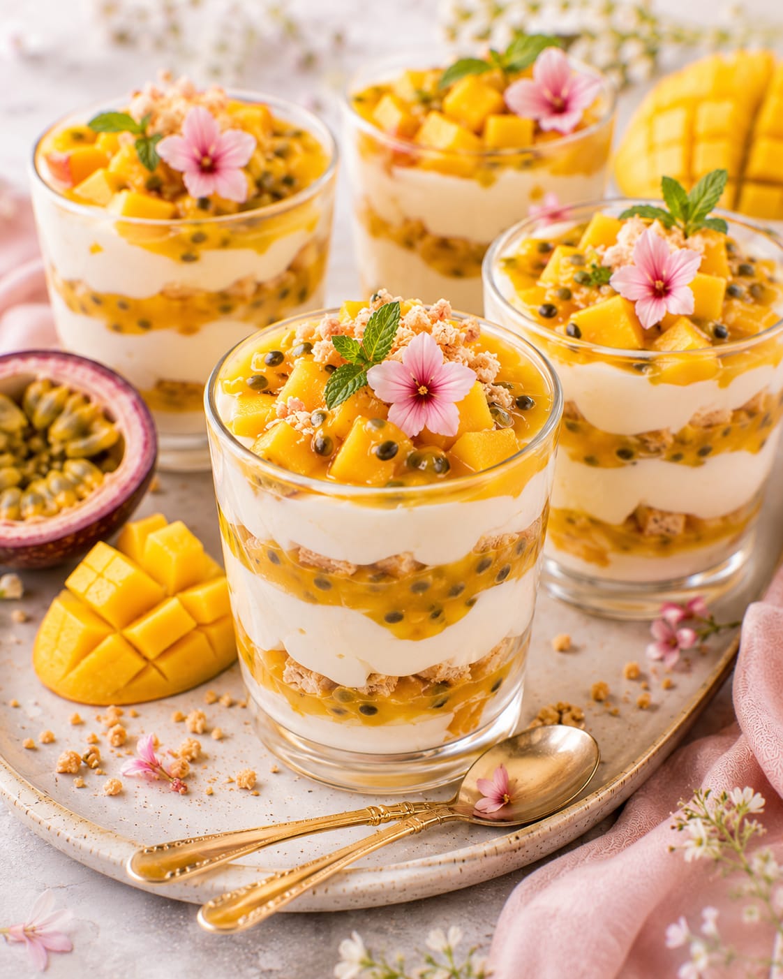 Mango-Maracuja-Traumdessert im Glas mit heller Creme, Mango-Maracuja-Fruchtschichten, hellem Butterkeks-Crunch, Mangowürfeln, Minze und rosa Blüten