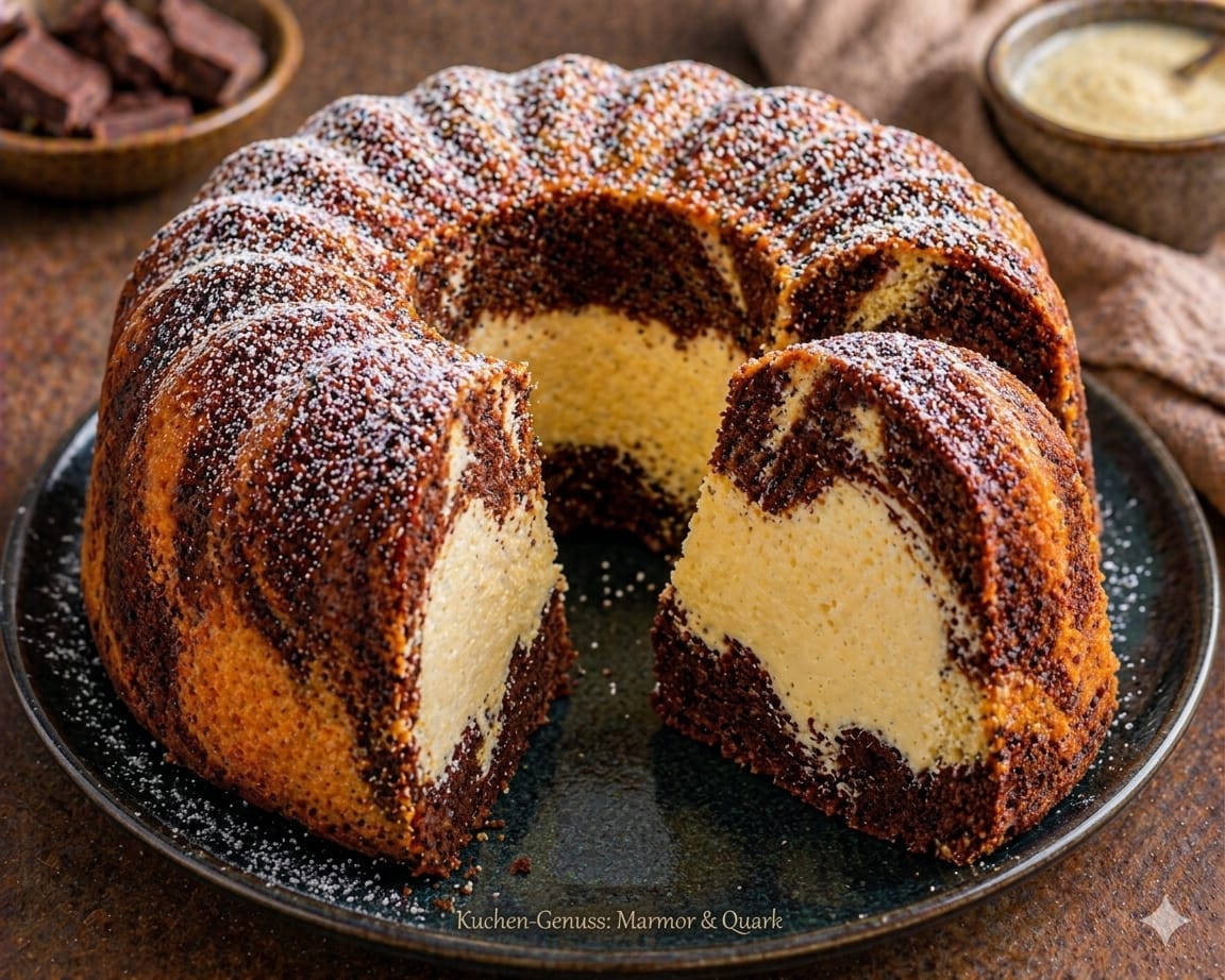 Angeschnittener Marmor-Quark-Gugelhupf aus hellem und dunklem Marmorteig mit großer Quarkfüllung, die im Anschnitt breit, hochgezogen und leicht unregelmäßig erscheint
