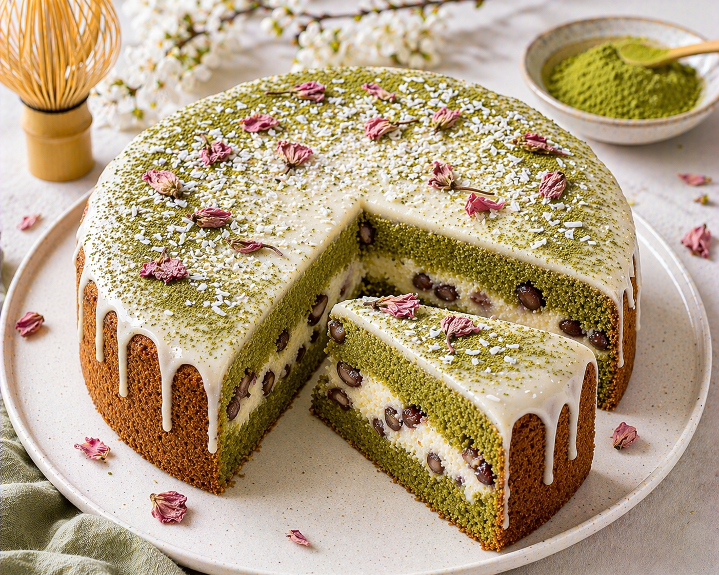 Angeschnittener Matcha-Adzuki-Cheesecake-Kuchen mit grüner Matcha-Krume, heller Kokos-Cheesecake-Mittelschicht mit dunklen Adzukibohnen und weißer Schokoladen-Ganache mit Matcha, Kokosraspeln und rosa Blüten