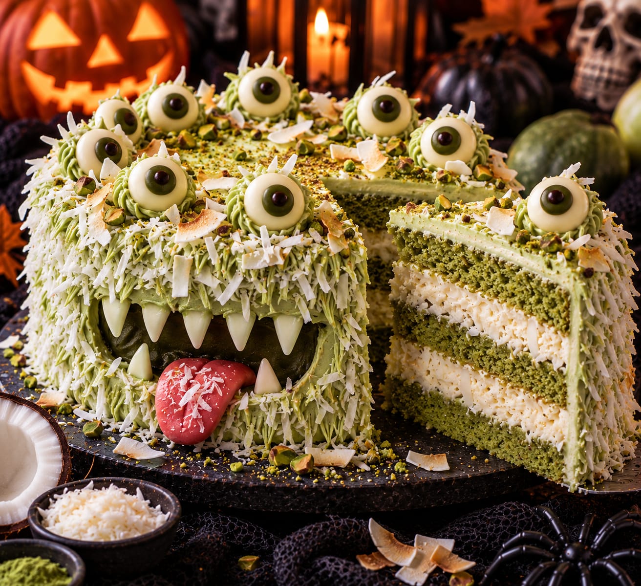 Matcha-Kokos-Monster-Torte mit drei grünen Matchaböden, zwei weißen Kokoscremeschichten, großen Augen, Fangzähnen und rosa Zunge