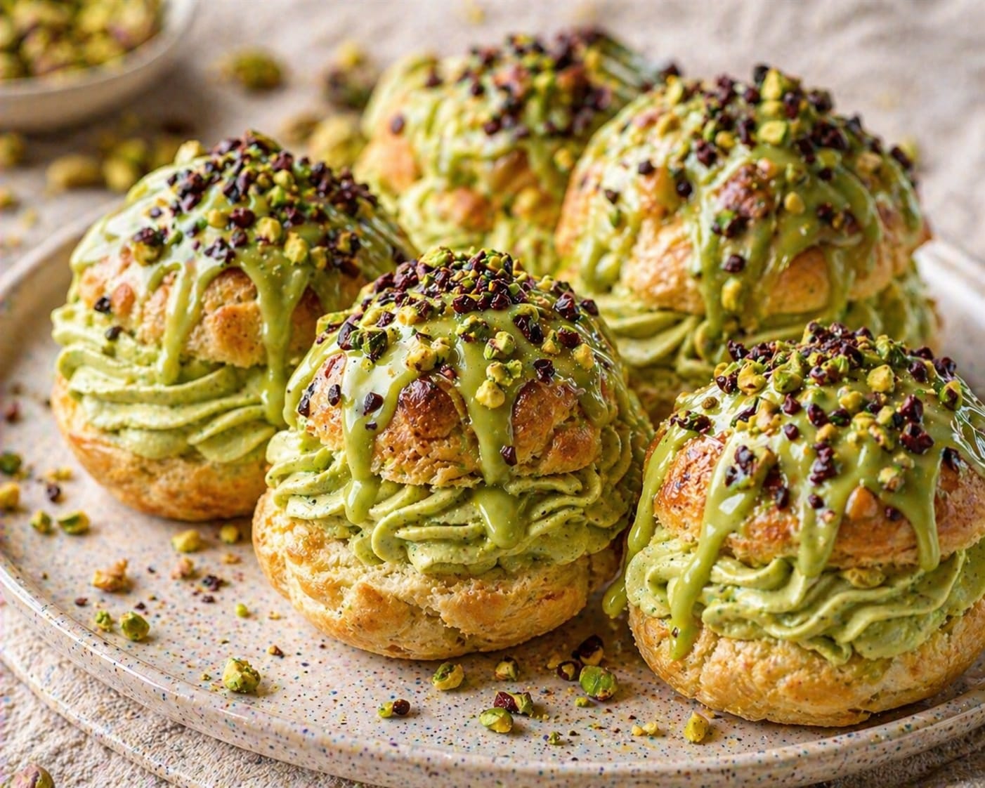 Matcha-Pistazien-Windbeutel mit grün gespritzter Matcha-Creme, glänzender Matcha-Glasur, gehackten Pistazien und Kakaonibs