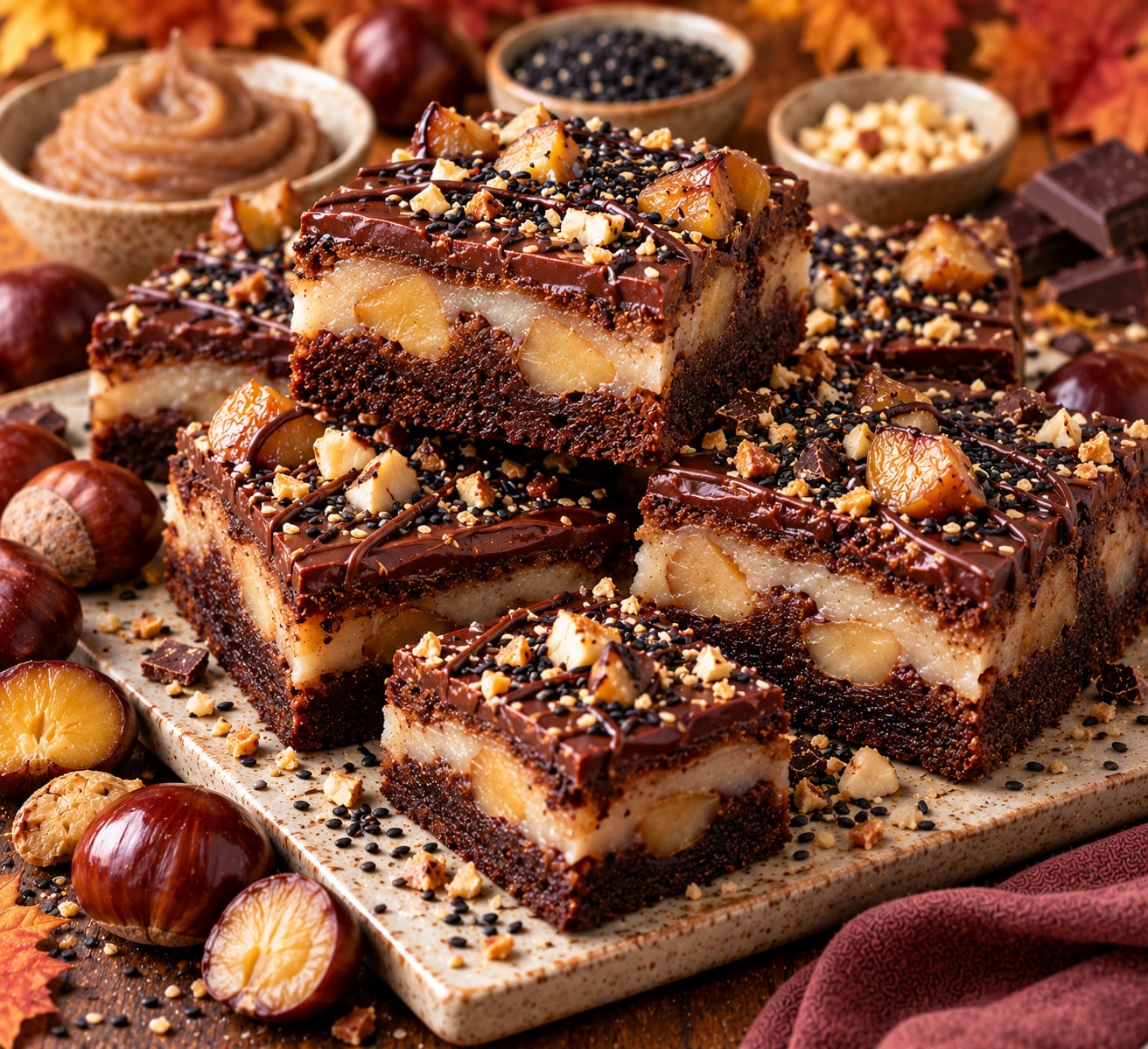 Quadratische Mochi-Brownie-Bars mit dunklem Brownie-Boden, heller Maronen-Mochi-Schicht und glänzender Zartbitter-Ganache. Im Anschnitt sind große Maronenstücke sichtbar. Karamellisierte Maronen, geröstete Nüsse, schwarzer Sesam und feine Schokoladenlinien verzieren die Oberfläche.
