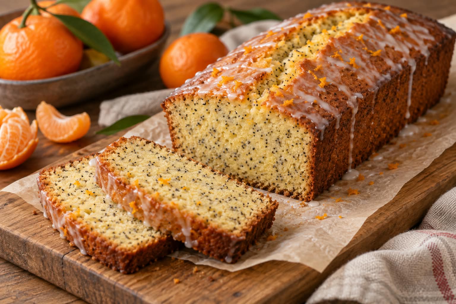 Heller Mohn-Mandarinen-Kastenkuchen mit feinen schwarzen Mohnpunkten, mittigem Längsriss, dünner weißer Glasur und sichtbaren Mandarinenschalen-Zesten